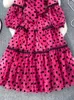 Lässige Kleider Frühling Herbst Frauen Polka Dot Mesh Long Dress Vintage Bow Kragen Puffhülle hohe Taille A-Line Maxi Vestidos Frauen Mode