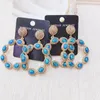 Dangle Earrings 24K Gold Plated Pave Rhinestone Big Round Shape Earring Drop Blue Resin Opal Woman