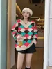 Dames truien hoogwaardige pullover trui vrouwen los 2023 winter en herfst casual v-neck lange mouw argyle vrouwelijke tops