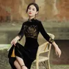 Ethnic Clothing Winter Velvet Women Flower Cheongsam Traditional Chinese Evening Party Dress Vintage Mandarin Collar Qipao Classic Slim Qi