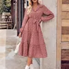 Casual Dresses Womens 2023 Crushed Flower Dress V Neck Long Sleeve Ruffle Smocked A Line Pleated Flowy Swing Summer Dressed