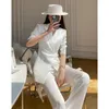 Damen zweisteuelhafte Hosen Sommerbüro Lady White Blazer Anzüge Frauen halbe Ärmel Schärpe Schnürmantel High Taille Wide Leg Mode Sets 2023