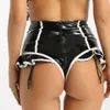 Briefs trosor kvinnor sexiga triangel tribbor klubbkläder hög midja latex culotte trosor blixtlås öppna gren faux läderbrost underkläder med strumpeband 230817