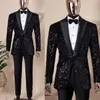 Black Sparkly Men's Wedding Costumes Pepted Songins Smoking Smokings 2 pièces du marié Portez le couteau de fête du soir avec pantalon sur mesure