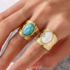 Pierścienie zespołu bohemia turkusowy kamień naturalny szeroko otwarte pierścienie dla kobiet 14 -karatowe platowane stal nierdzewne pierścienie palców serdecznych Kobiet biżuterii Prezenty J230817