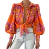 Kvinnors blusar Kvinnor Skjorta Lapel Puff Long Sleeve Tops Flower Printing Single-Breasted Löst Fit Thin Blouse Workwear