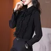 Bluzki damskie Spring French Ruffle Scyk Black Black Shirt Lace Cor Szyfonowy Bluzka Top Kobiety 4xl