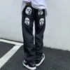 Women's Jeans Y2K Korean Men And Women Fashion Black Streetwear Casual Skull Straight Wide Leg Cargo Pants Baggy Denim Trousers Clothes