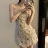 Casual Dresses Brand Full Sequin Plush Tassles Design Suspender Blckless Mini Dress Women Födelsedag Luxury Elegant 2023 Summer