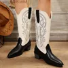 Boots Pointed Toe Embroidered Cowboy Boots Women V-Cut Western Mid Calf Boots Woman 2023 Autumn Thick Heels PU Leather Botas Plus Size T230817