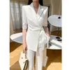 Damen zweisteuelhafte Hosen Sommerbüro Lady White Blazer Anzüge Frauen halbe Ärmel Schärpe Schnürmantel High Taille Wide Leg Mode Sets 2023