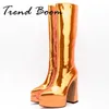 Klänningskor Metallic Y Knee High Boot Heel Point Toe Long Boots Autumn Winter Fashion Ladies Elegant Booties 230816