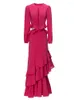 캐주얼 드레스 여성 고품질 패션 파티 레드 스프링 가을 가을 독특한 우아한 주름 고급 스위트 세련된 섹시한 인어 긴 드레스