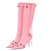 Dress Shoes YJXKJY Pointed Toe Party Punk Rivet Tassels Woman Thin High Stilettos Heels Vintage Metal Buckle Zipper Knee Long Boot 230816