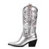 Kleidungsschuhe Metallic Cowboy Stiefel rosa westliche Cowgirls für Frauen spitzer Zeh Stapelte Mid Calf Brand Design gestickt 230816