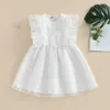 Flickans klänningar Kids Girls Flying Sleeve Dress Summer Casual Floral broderiknappar A-Line Dress for Beach Party Wear R230816