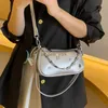 Hobo Fashion Silvery Hobo Armpit Bags PU Leather Shoulder Bag For Women Black Bag Chains Crossbody Bag Luxury Designer Handbag Purse HKD230817