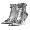 Cagole 90mm Bootie Metallized Silver Women spike Metal belt buckle decoration Pointed Toes Fashion Boots Genuine Leather Motorcycle boots Designer Zip Ankle Boots