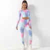 Les tenues de yoga Tie Tying Dyeing Women's Sportswear Yoga Set Workout Vêtements Warans Sports Gym Clothing Fitness Legging Bra Crop Crop Crop Gym à manches longues Set 230817