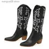 Boots Liyke Autumn Winter Fashion Embroidered Western Cowboy Boots Women Leather Pointed Toe Low Hoof Heels Slip On Knee High Shoes T230817