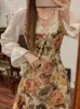 French Vintage Floral Dres Lace Korean Style Evening Party Midi Dress Female Print Retro Elegant Fairy Autumn 2022 230808