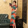 Ethnic Clothing Long Gown Mandarin Collar Qipao Women Sexy Slim Print Chinese Dress Classic Traditional Retro Button Cheongsams Hostess