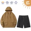 Men's Tracksuits Two Piece Set Ice Silk Sunscreen Hooded Jacket Shorts Solid Color Ultra-Light Tracksuit Outwear Unisex Casual Windbreaker