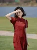 Etniska kläder 2023 Kvinnor Red Cheongsam Förbättrad vintage aftonklänning Slim-fit kortärmad elegant blommig lång qipao s till xxl
