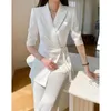 Damen zweisteuelhafte Hosen Sommerbüro Lady White Blazer Anzüge Frauen halbe Ärmel Schärpe Schnürmantel High Taille Wide Leg Mode Sets 2023