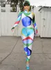 Women's Jumpsuits Rompers Colorful Hooded Long Sleeve Patchwork Zip Up Sexy Bodycon Skinny Jumpsuit 2023 Summer Women Streetwear Exercise Romper T230817