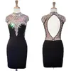 Sexy Black Short Fashion Evening Prom Dresses High Neck Blingbling Crystal Rhinestones kralen sleutelgat formele rode loper beroemdheid 311p