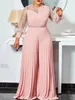 Kvinnors jumpsuits Rompers S 5xl Fall Outfit Pink Fashion Plus Size Jumpsuit Slim Pleated Long Sleeve Elegant Clothes Wholesale Drop 230816