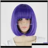 Synthetic Wigs 10Inch Straight Short Bob Bangs Blue Golden Red Black White Purple Pink Green Brown Cosplay Wig Female Anfol Ojp1W Drop Dhixg