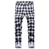 メンズジーンズ黒と白の格子縞の印刷ファッションチェックデジタルプリントスリムストレートパンツストレッチズボン230817