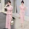 Etniska kläder 2023 Kinesisk Hanfu-blus Förbättrad Cheongsam Set National Pink Modern Qipao Women Improvement Spets Tvådelar kjol