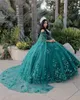 Hunter Green 3D Floral Appliques Robes quinceanera avec une robe de balle en tulle perlé