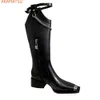 Kleiderschuhe Knie High Metal Kettenstiefel Square Toe y Absatz schwarz Zip Moderner Herbst Frauen Fashion Party Europäische EST 230816