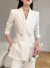 Kvinnors tvåbitar byxor Kvinnor kostymer kontor sätter långärmad dubbelbröst blazerrock hög midja bred benbyxa vita kläder 2023 hösten
