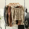 Women's Blouses Korean Fashion Woman Blouse Vintage Plaid Square Collar Long Sleeve Shirt Autumn Pleated Waist Puffed Crop Tops