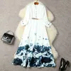 2023 Autumn White Floral Print Feather Belted Dress Long Sleeve V-ringknappar MIDI Casual Dresses L3F122238