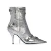 Cagole 90mm Bootie Metallized Silver Women spike Metal belt buckle decoration Pointed Toes Fashion Boots Genuine Leather Motorcycle boots Designer Zip Ankle Boots