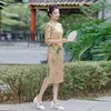 Etniska kläder Förbättrad tryckning Cheongsam 2023 Autumn Retro Dress Disc Buckle Slit Slim Mid-Längd Girl Chinese Qipao Bankett för kvinnor