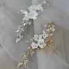Hair Clips Gorgeous Ceramic Flower Bridal Comb Handmade Golden Leaf Shiny Crystal Accessories