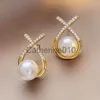 Charm Gold Color Metal Fashion Korean Pearl Earrings For Women SparklZircon Pendant Cuff Clip Earrings WeddParty Jewelry Gifts J230817