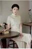 Ubranie etniczne Kobiety Beige Vintage Cheongsam sukienka żeńska tradycyjne sukienki z krótkim rękawem szczupłe eleganckie długie qipao s do xxl s2277