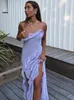 Casual Dresses Elegant Purple Ruffle Sling Dress Woman Fashion Solid Backless Slip Long 2023 Summer Sexy Female Party Evening