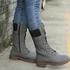 Laarzen herfst winterlaarzen vrouwen midden kalfs laarsjes dames lange laarzen vrouwelijke knie high laarzen zipper ronde teen platform laarzen plus maat t230817