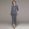 Women's Two Piece Pants Women Blue Long Sleeve Single Breasted Print Shirt Top High Waist Wide Leg Trousers Pants Suit Runway 2 Pieces Sets M2031 J230816