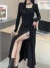 カジュアルドレス女性ファッションエレガントなセクシーなブラックグレーサイドスプリットビンテージソリッドパーティープロムベスティドス女性シックローブ服