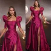 Rosy Pink Evening Dresses Square Neck Split Party Prom Dress Pleats Formal Long Red Carpet Dress for special occasion